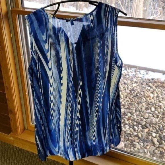 Sami & Jo V-neck Blue Design Sleeveless Sz. L Blouse Tunic - Picture 4 of 7